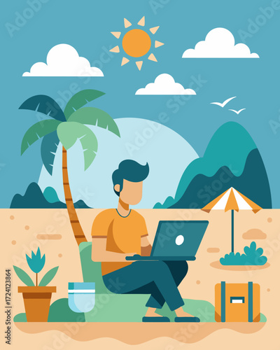 A solo traveler working as a freelancer enjoying the freedom of being able to work from any location and choosing to spend their days at a serene beachfront resort.. Vector illustration