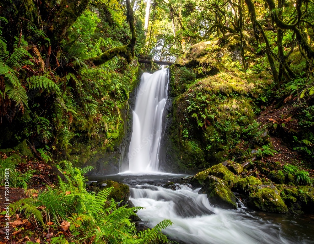 Fototapeta premium Lush waterfall cascading through a verdant forest