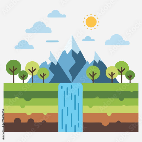 Stylized vector landscape showing a cross-section of the earth with a scenic mountain range and waterfall