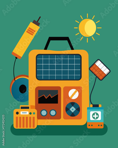 A solarpowered emergency kit for seniors with easytouse devices such as a solarpowered phone charger and radio perfect for staying connected and safe during power outages and. Vector illustration