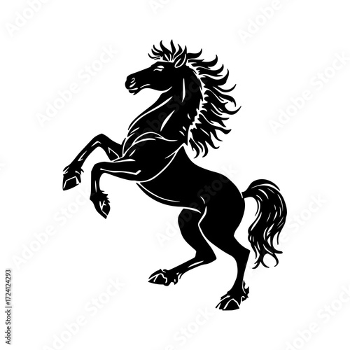 Majestic black horse rearing up with flowing mane and tail, symbolizing power, freedom, and elegance