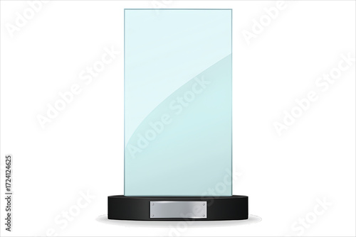 Glass Award Trophy,
Glass Award Trophy on Black Base with Silver Plaque – Realistic 3D Vector Illustration