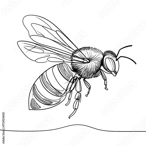 Detailed line drawing of a flying bee