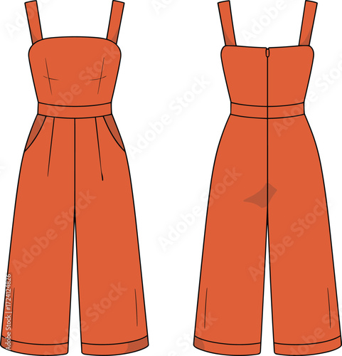 Jumpsuit CAD flat sketch, sleeveless wide leg one piece fashion template, strappy women’s apparel design vector, garment technical drawing, front and back view illustration