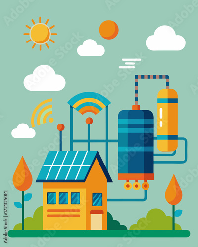 A revolutionary solarpowered heating system for large residential complexes featuring smart sensors and controls for optimal usage and savings.. Vector illustration