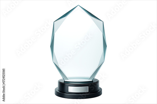 Glass Award,
Heptagonal Glass Award on Black Base – Transparent Trophy with Silver Plaque on White Background