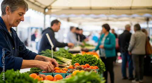 Fototapeta Naklejka Na Ścianę i Meble -  Woman small business owner selling locally grown vegetables and produce to customers at a vibrant weekend community street market