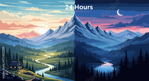 Day and night landscape captures two different times of day with mountains, river, and house. Day and night landscape shows difference in lighting and atmosphere.