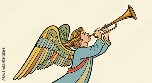 Angel playing trumpet. Heavenly musician illustration, angel with wings blowing trumpet, creates soothing melody of heavenly song.