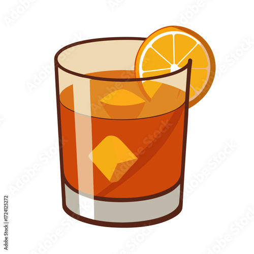 Illustration of old fashioned cocktail drink recipe with orange slice and ice cubes in glass