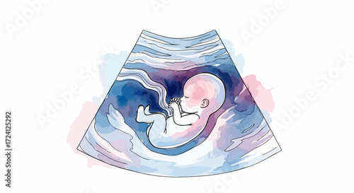 Ultrasound baby scan featuring unborn child in womb on white backdrop. Ultrasound baby scan picture shows child in watercolor effect with smooth shadows.