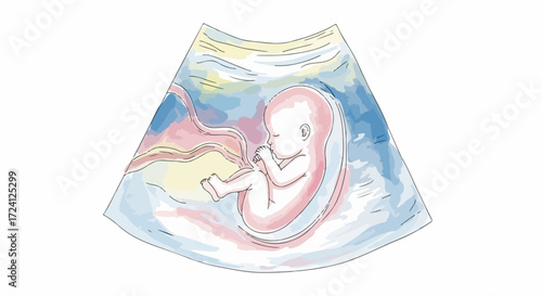 Fetal ultrasound image showing baby in amniotic sac. Fetal ultrasound during pregnancy displays developing fetus and fluid.