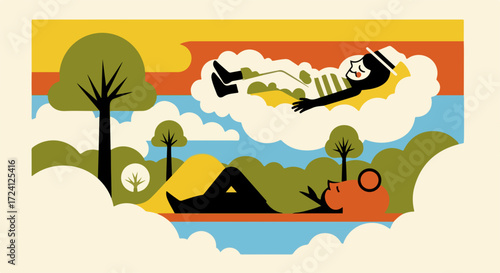 Dreaming of vacation depicts relaxed person enjoying vacation dreams in peaceful nature, Dreaming of vacation continues with silhouette lying on cloud and relaxing outdoors,