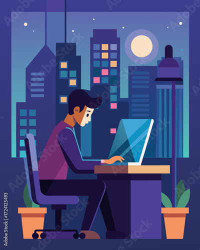 As the city lights led in the distance the freelance content writer sat at their desk in the loft typing away with a sense of peace and productivity that could only be found in. Vector illustration