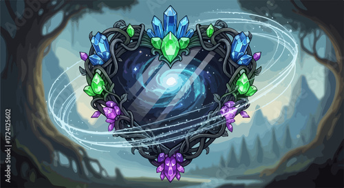 Fantasy background featuring cosmic energy with colorful crystals and swirling energy lines. Cosmic energy illustration shows bright light at center and dark swirling lines.