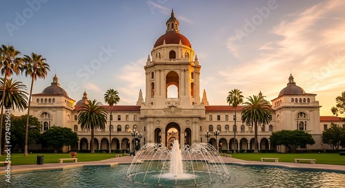 Pasadena City Hall at sunset, illuminated by golden light and fountain