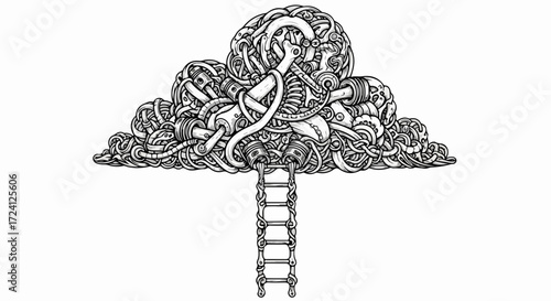 Ladder to knowledge shows ladder to knowledge leading to abstract cloud. Ladder to knowledge includes intricate details and climbing ladder, representing information overload and cognitive complexity.