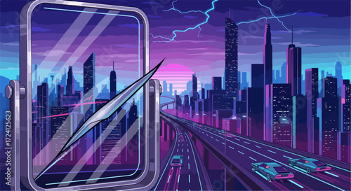 Retro future cityscape art showing highways and mirror reflects city. Retro future cityscape concept displays skyscrapers against lightning in night sky.