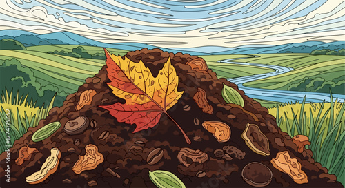 Compost pile art shows nature and decomposition with leaf. Creative compost pile featuring various organic materials against backdrop of rolling hills.
