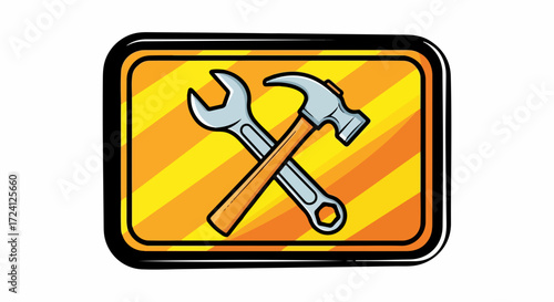 Illustration showing construction tools with hammer and wrench on yellow and orange sign. Construction tools illustration shows crossed tools, a wrench and hammer,