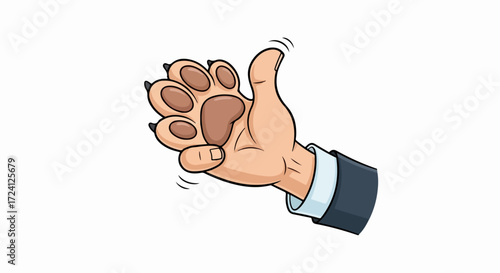 Cartoon hand with paw shows thumbs up gesture, concept animal hand. Cartoon hand shaking, showing the paw on business. Animal hand expressing the cartoonish idea for funny and imaginative designs.