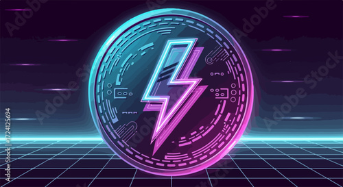 Digital crypto illustration featuring bolt symbol in neon colors. Futuristic crypto concept with glowing bolt illustration on dark background. Creative digital crypto for modern era technologies.
