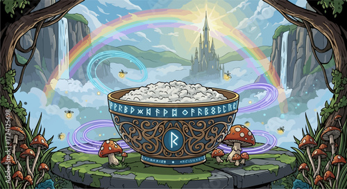 Cottage cheese in ornate bowl displayed in fantastical landscape. Tворог в богато украшенной чаше, установленной среди волшебного пейзажа is cottage cheese, which looks wholesome and homemade,