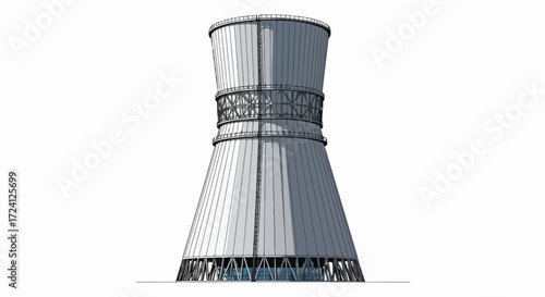Industrial tower structure against white backdrop showcasing industrial tower. Tower structure is made of steel and concrete, tower structure.