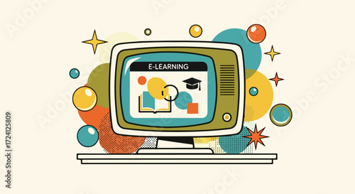 E learning platform on retro TV with books and graduation hat. This e learning platform can be used for online classes with video lessons, lectures, and practice tests,