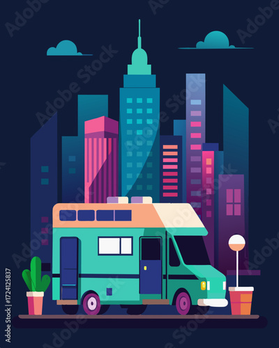 A gl RV parked in a bustling city with skyscrs and neon lights visible through the windows. Inside the freelancer works on their laptop while sipping on a fancy tail.. Vector illustration