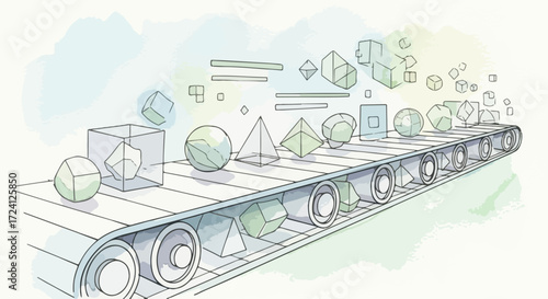 Abstract geometric forms on conveyor belt represent automated process. Automated process featuring abstract shapes, cubes, and spheres in production.