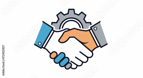 Creative illustration of collaboration agreement concept featuring handshake, cogwheel, and cooperation in action. Collaboration agreement depicts two hands shaking under gear wheel,