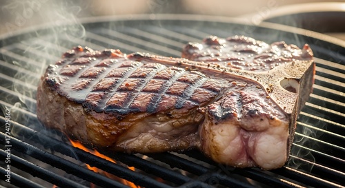 Succulent t-bone steak grilling to perfection with smoke and vibrant flames