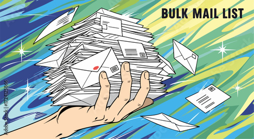 Bulk mail list in hand, heap of envelopes represents direct marketing campaign. Marketing bulk mail with oversized pile illustrates targeted communication.