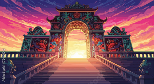 Ornate Asian gate with detailed dragons under sunset sky. Asian gate design stands majestically, framed by decorative columns and steps leading upward, with vibrant colors of sunrise sky.