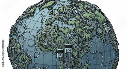 Mechanical world map shows intricate details of engines and gears, offering a unique perspective. Mechanical world, depicted with mechanical gears and engine parts, presents Earth as a complex system.