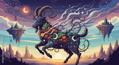 Surreal goat illustration amidst a fantastical landscape under cosmic skies. Surreal goat, adorned with celestial and botanical elements,