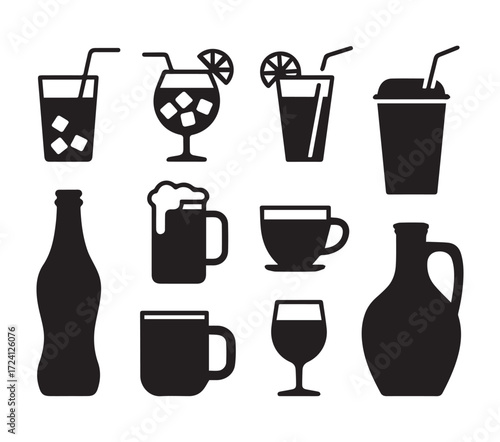 Collection of black silhouettes of various drinks and containers