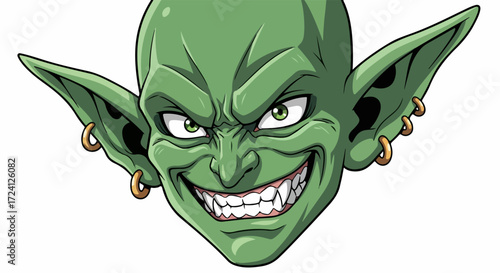 Goblin illustration of green character with pointed ears, a goblin close-up, featuring an evil grin and yellow eyes.