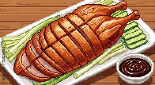 Sliced peking duck displayed on platter with fresh cucumbers and scallions. Delicious peking duck dinner is classic dish, featuring savory roasted duck with crispy skin and tender meat.