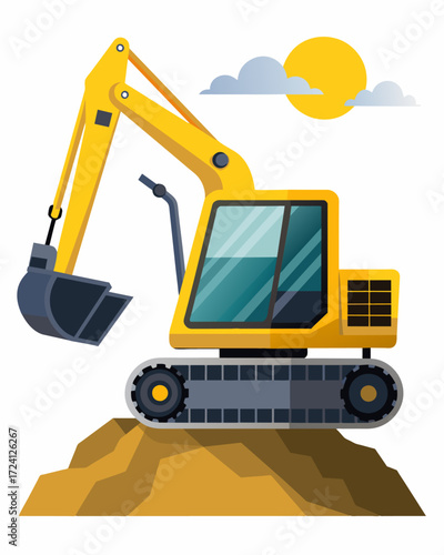 A sleek backhoe excavator with solar panels on its cab quietly digging trenches for underground utilities.. Vector illustration