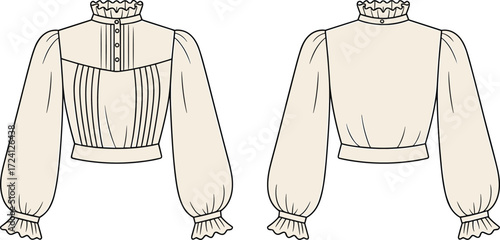 Blouse CAD drawing, technical flat sketch women’s fashion top, puff sleeve shirt, ruffle collar blouse vector design, garment illustration outline, front and back view