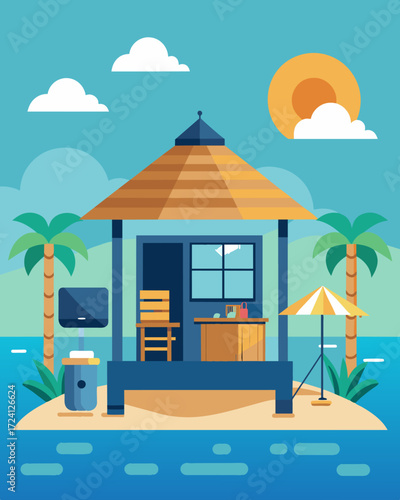 A tastefully decorated beachfront hut with modern amenities providing comfort and convenience while working remotely.. Vector illustration