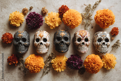 Vista cenital de Día de Muertos con calaveras hechas a mano y flores tradicionales