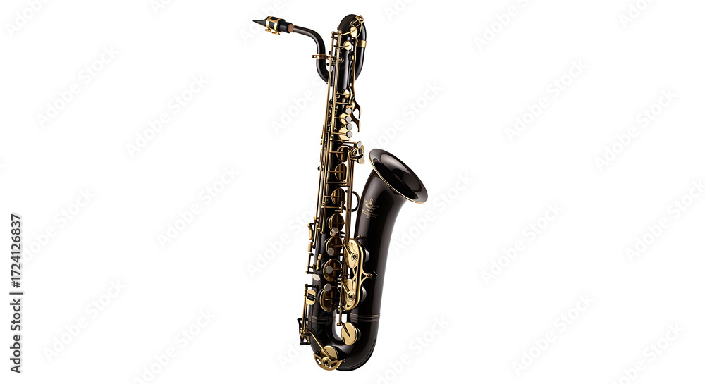 Naklejka premium A black saxophone with brass keys and mouthpiece standing against a white background in a studio shot ai generated