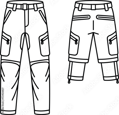 Convertible cargo pants CAD drawing, technical trousers flat sketch, utility workwear fashion template, apparel design vector, garment illustration outline, clothing pattern, front and back view