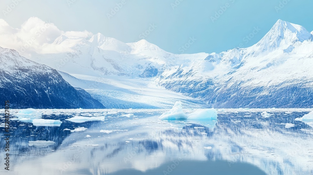 Obraz premium Serene Arctic Fjord Icebergs - A breathtaking view of an arctic fjord, showcasing majestic snow-capped mountains, calm waters reflecting the icebergs, pristine nature, serene landscape, and winter