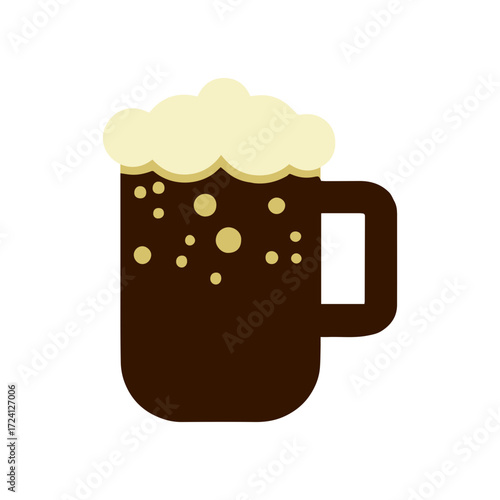 Frothy dark beer in a glass mug with bubbles, simple flat design illustration