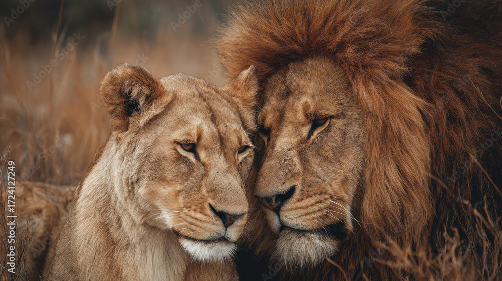 Fototapeta premium Lions resting closely together in a serene natural habitat, showcasing affection with their fur blending into the warm tones of the dry grass and soft lighting around them.