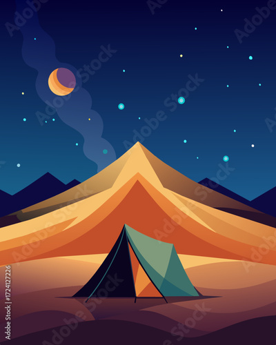 As the night falls the desert sky transforms into a mesmerizing display of stars blanketing the nomads tent in a dreamy glow creating the perfect setting for reflection and. Vector illustration